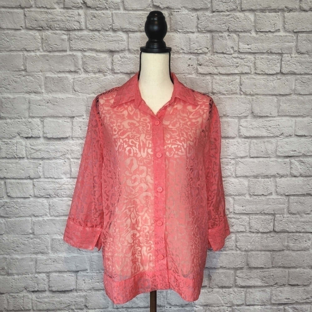 Hearts of Palm pink coral sheer burnout fabric button front 3/4 sleeve top sz 12 - Picture 2 of 8